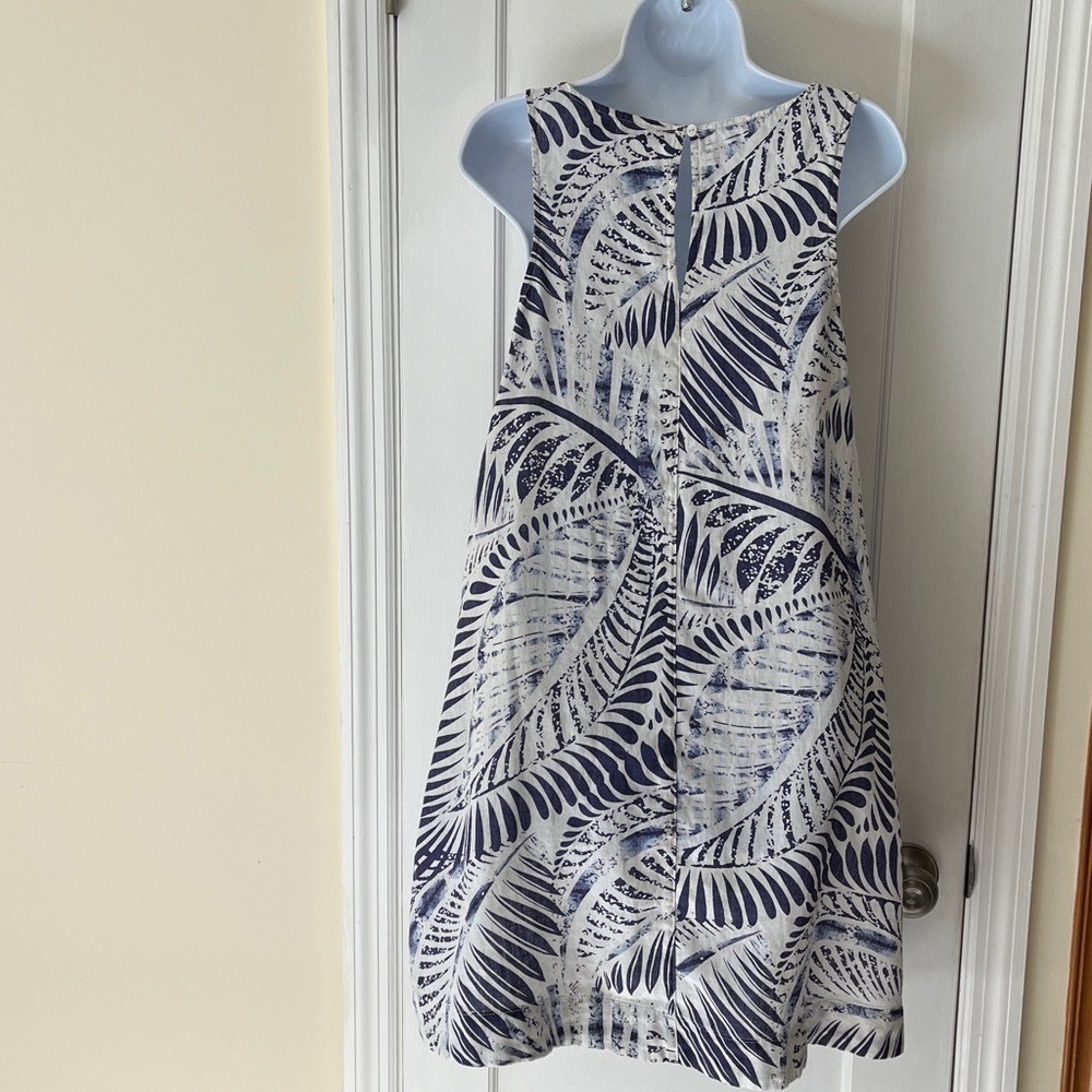 100% Linen Dress Women's Medium Sleeveless Pockets Print Blue White Beach Flare - Picture 5 of 16